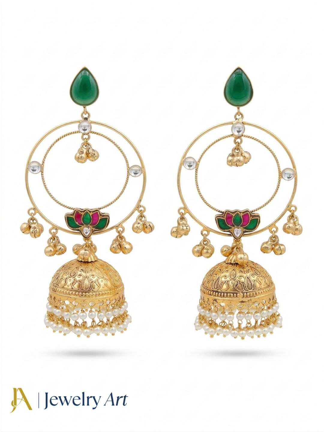 Gorgeous Antique Gold Green Color Stone with Red, Green & White Glass Motif-Synthetic Polky-Pearl Circular Designer Jhumka Earring