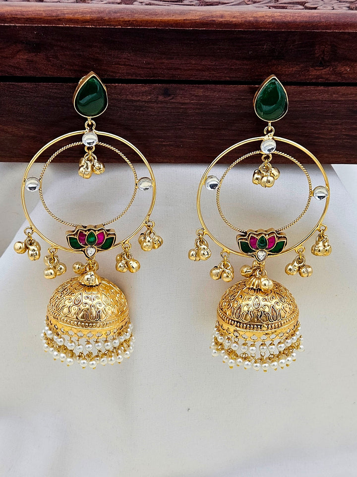 Gorgeous Antique Gold Green Color Stone with Red, Green & White Glass Motif-Synthetic Polky-Pearl Circular Designer Jhumka Earring