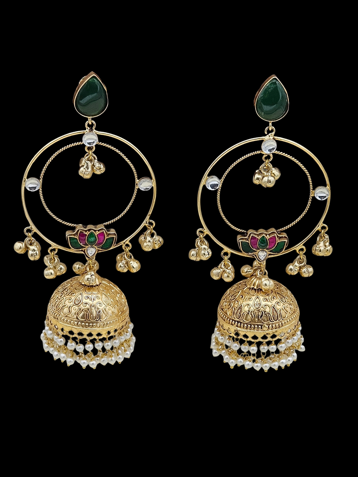 Gorgeous Antique Gold Green Color Stone with Red, Green & White Glass Motif-Synthetic Polky-Pearl Circular Designer Jhumka Earring