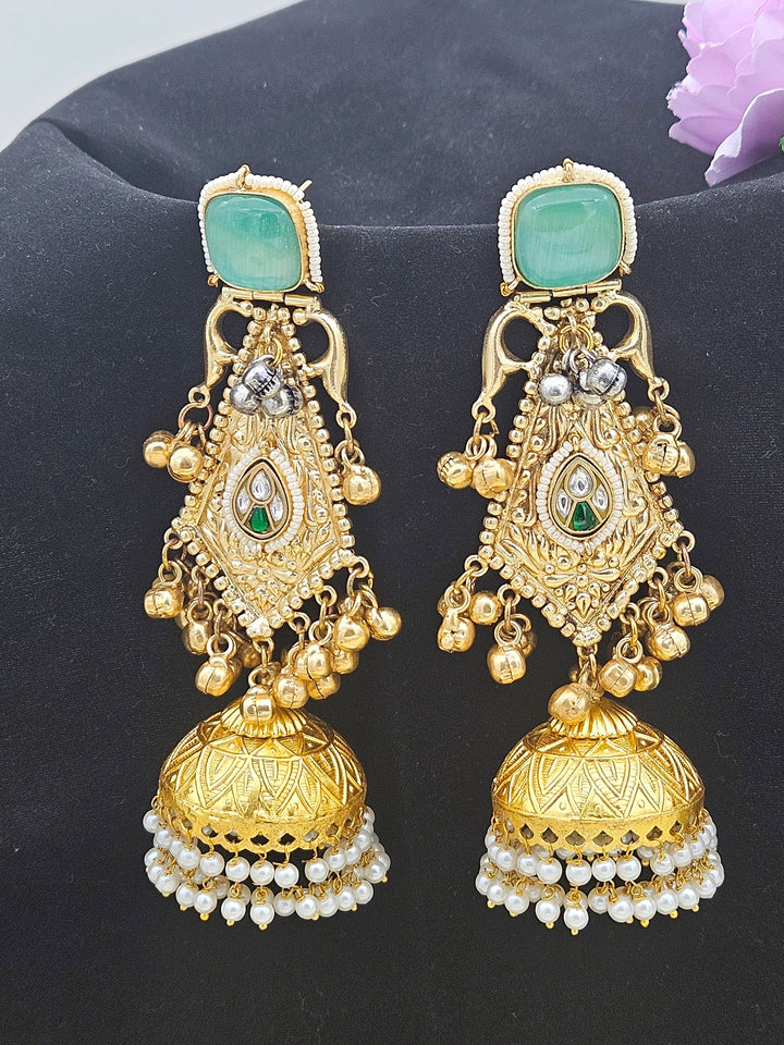 Exquisite Green Monalisa & Glass Stones-Pearl Fancy Jhumka Earrings
