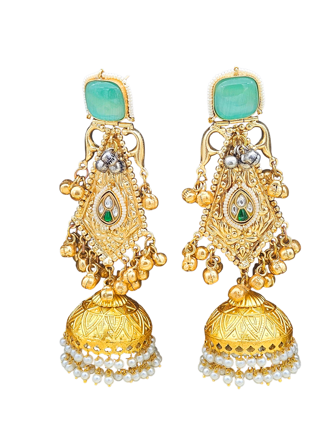 Exquisite Green Monalisa & Glass Stones-Pearl Fancy Jhumka Earrings