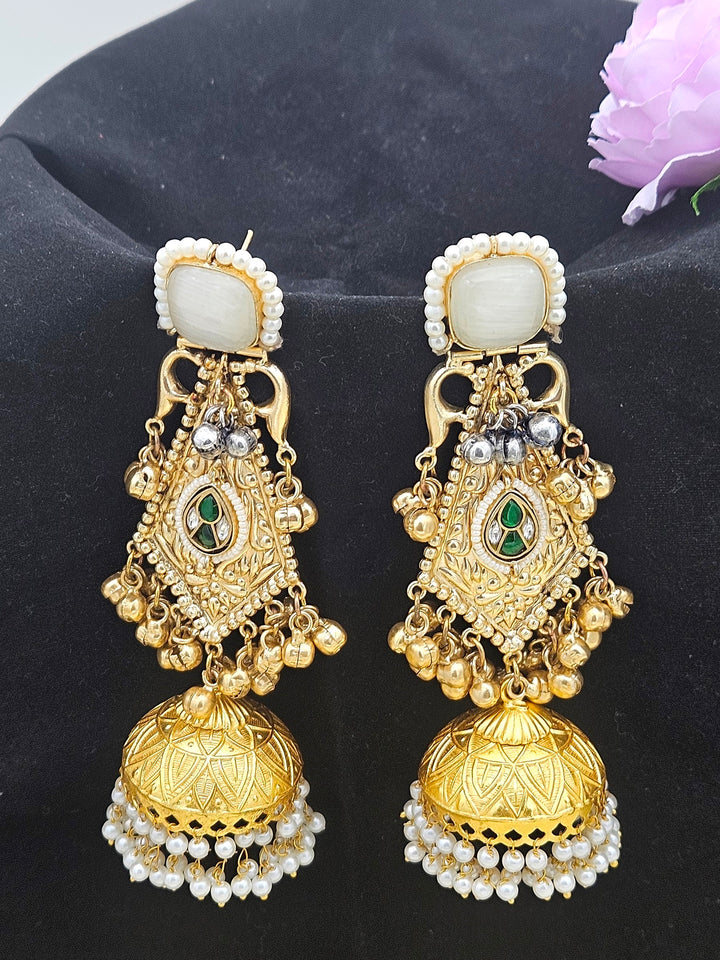 Exquisite Beige Color Monalisa -Green-White Glass Stones-Pearl Fancy Jhumka Earrings