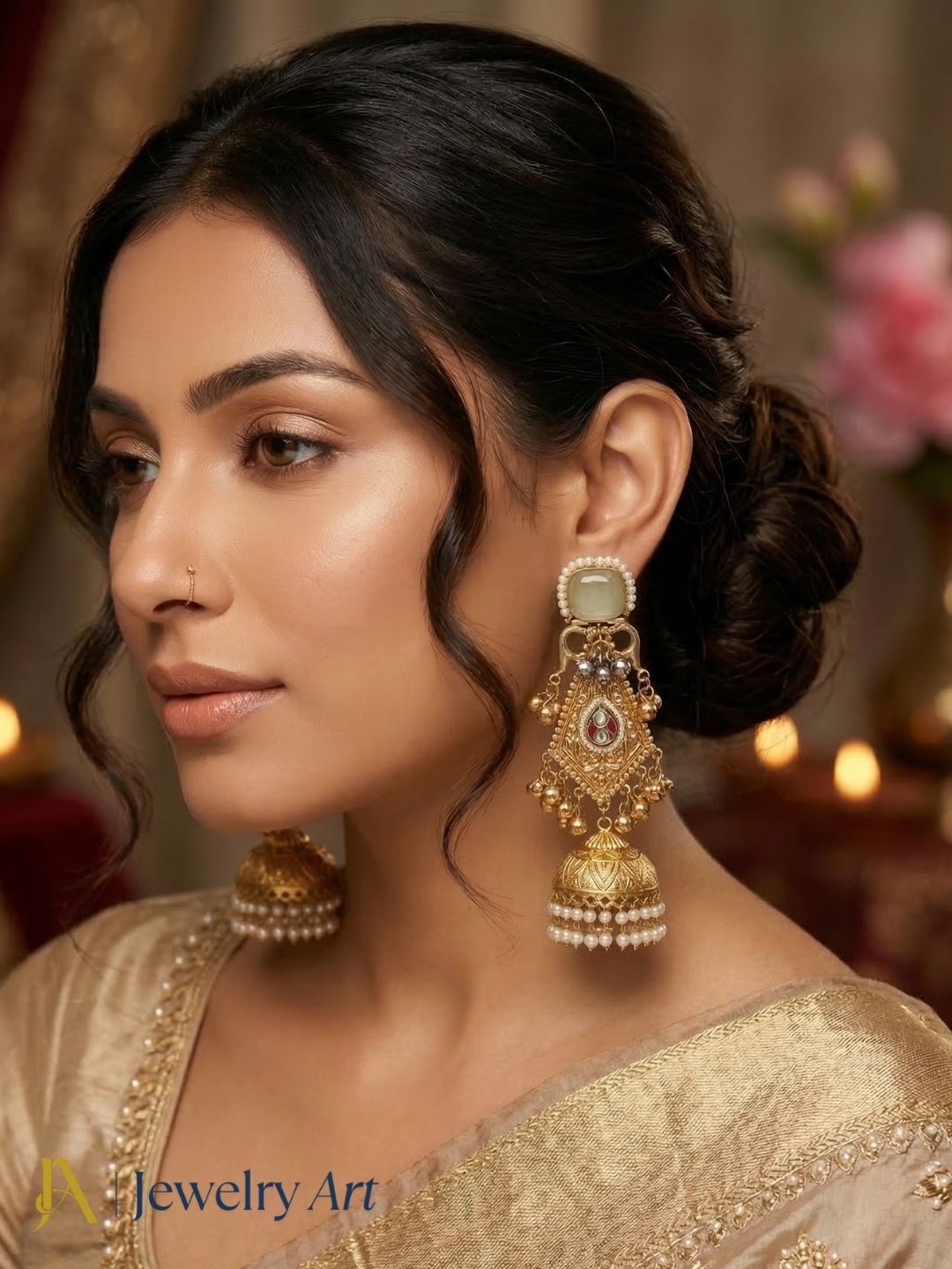 Antique gold jhumka earrings with beige monalisa stone, colorful glass stones and pearl hanging design
