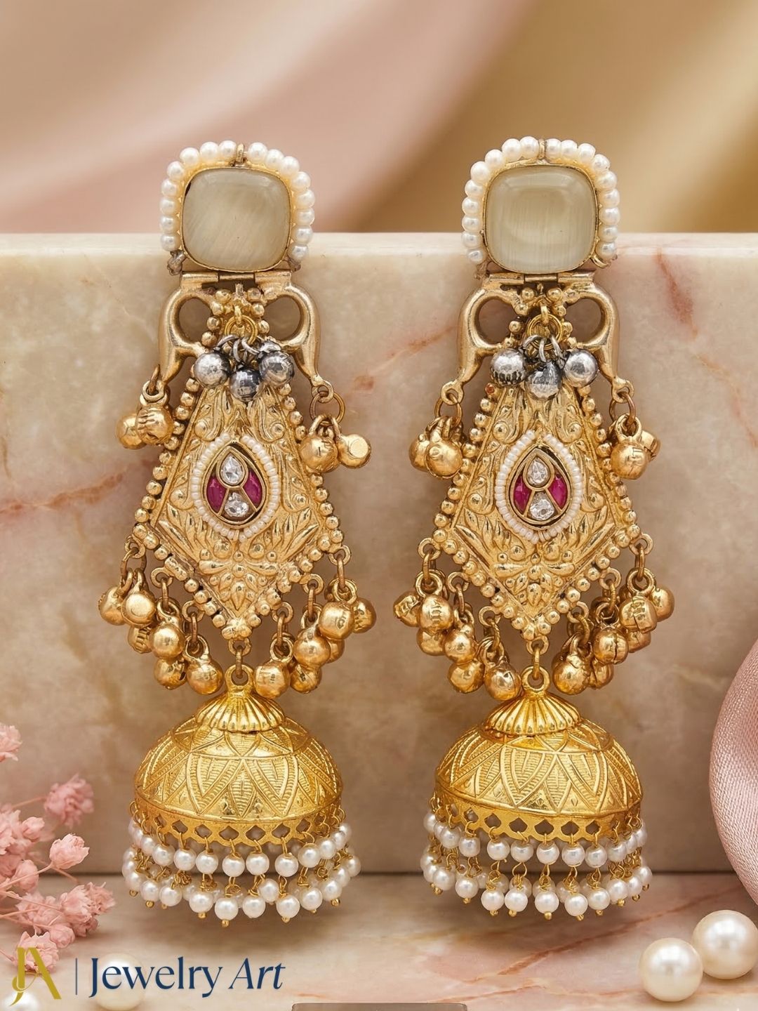 Antique gold jhumka earrings with beige monalisa stone,colorful glass stones and pearl hanging design

