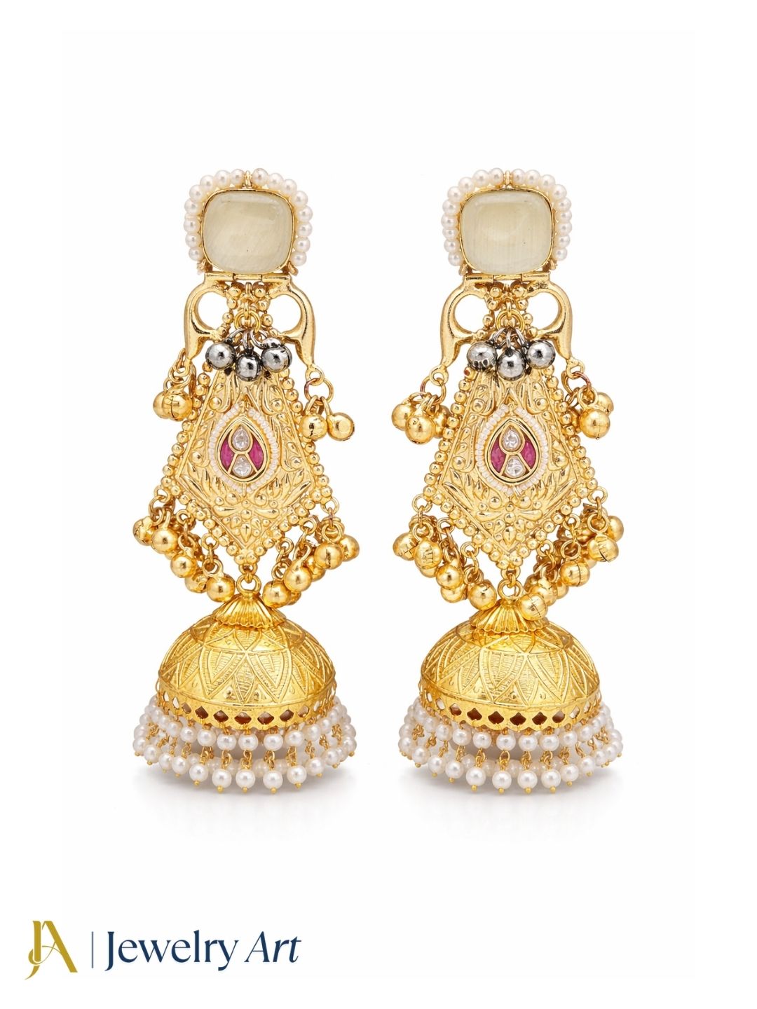 Gorgeous Antique Gold Beige Monalisa-Multi Color Glass Stone-Pearl Fancy Jhumka Earrings