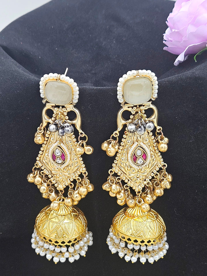 Gorgeous Antique Gold Beige Monalisa-Multi Color Glass Stone-Pearl Fancy Jhumka Earrings