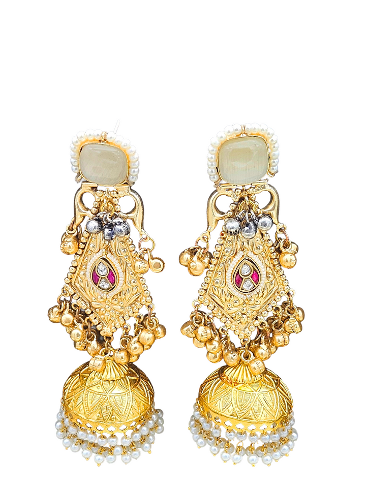 Gorgeous Antique Gold Beige Monalisa-Multi Color Glass Stone-Pearl Fancy Jhumka Earrings