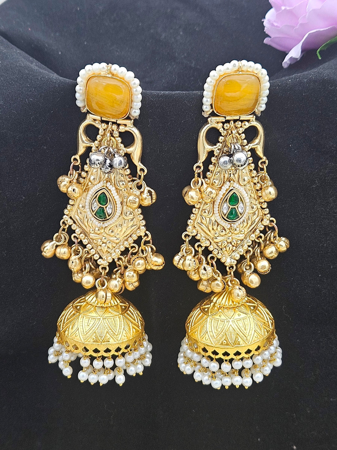 Exquisite Gold color Monalisa-Green & Red Glass Polky-Pearl Fancy Jhumka Earrings