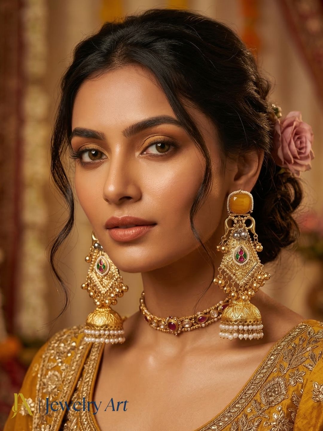 Stylish jhumka earrings with monalisa  centrepiece with yellow stone and pearl drop detailing
