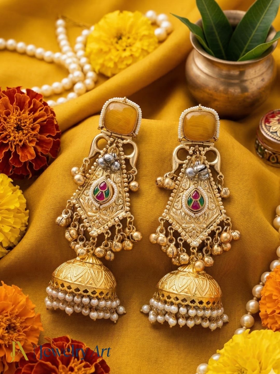 Stylish jhumka earrings with monalisa  centrepiece with yellow stone and pearl drop detailing
