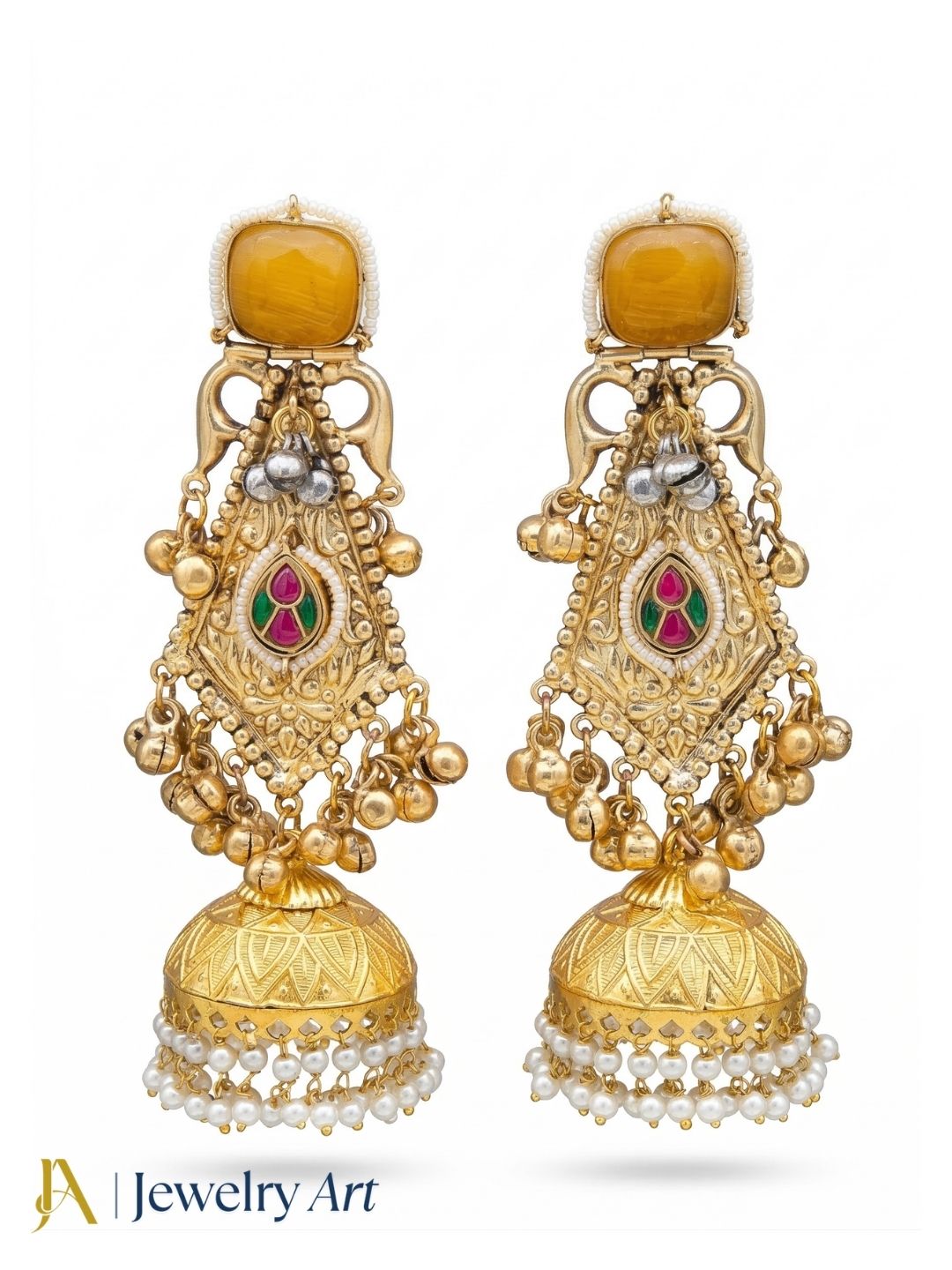 Gorgeous Antique Gold Yellow Monalisa-Multi Color Glass Stone-Pearl Fancy Jhumka Earrings
