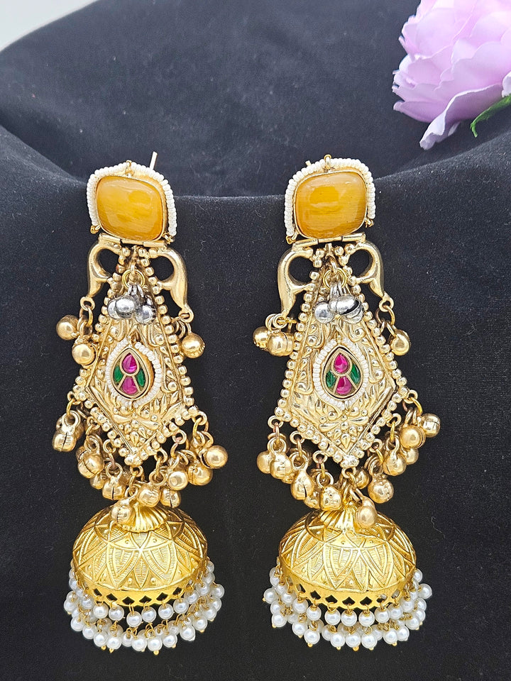 Gorgeous Antique Gold Yellow Monalisa-Multi Color Glass Stone-Pearl Fancy Jhumka Earrings