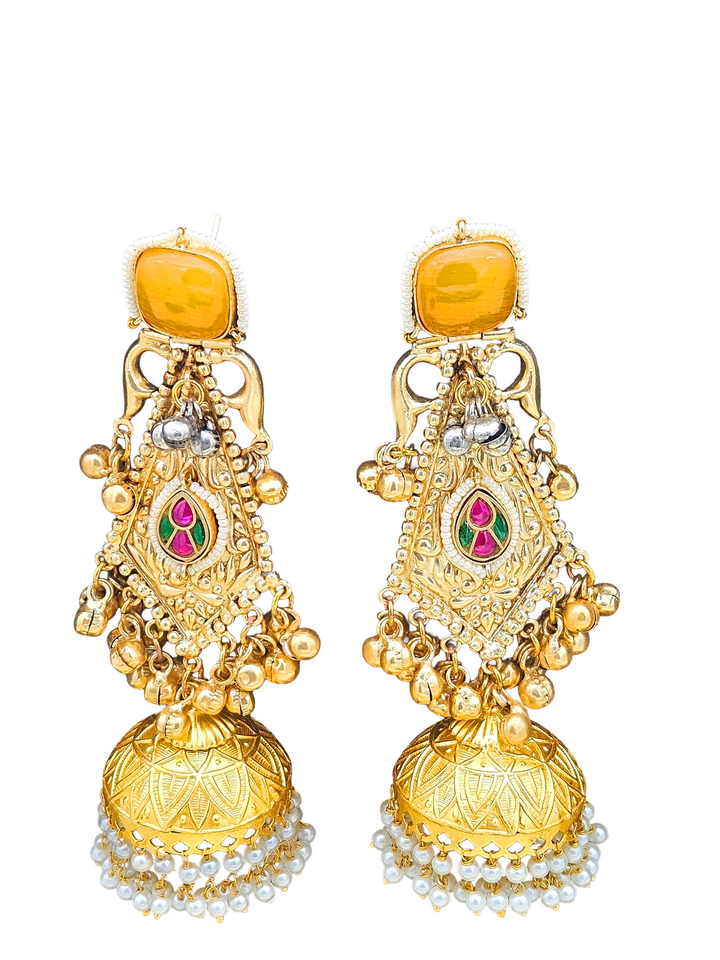 Gorgeous Antique Gold Yellow Monalisa-Multi Color Glass Stone-Pearl Fancy Jhumka Earrings
