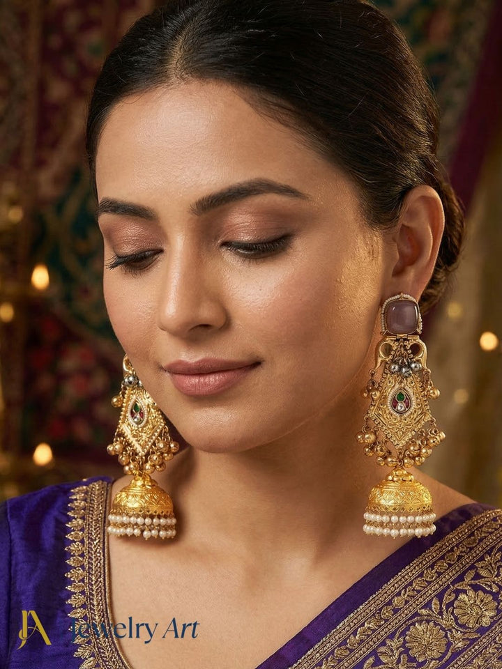 Antique gold jhumka earrings with purple monalisa stone, multi color glass stones and pearl drops
