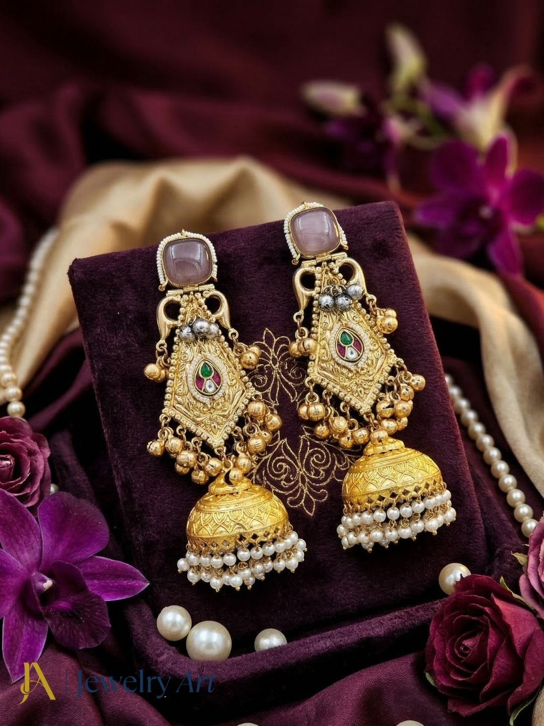 Gorgeous Antique Gold Purple Monalisa-Multi Color Glass Stone Polky-Pearl Fancy Jhumka Earrings