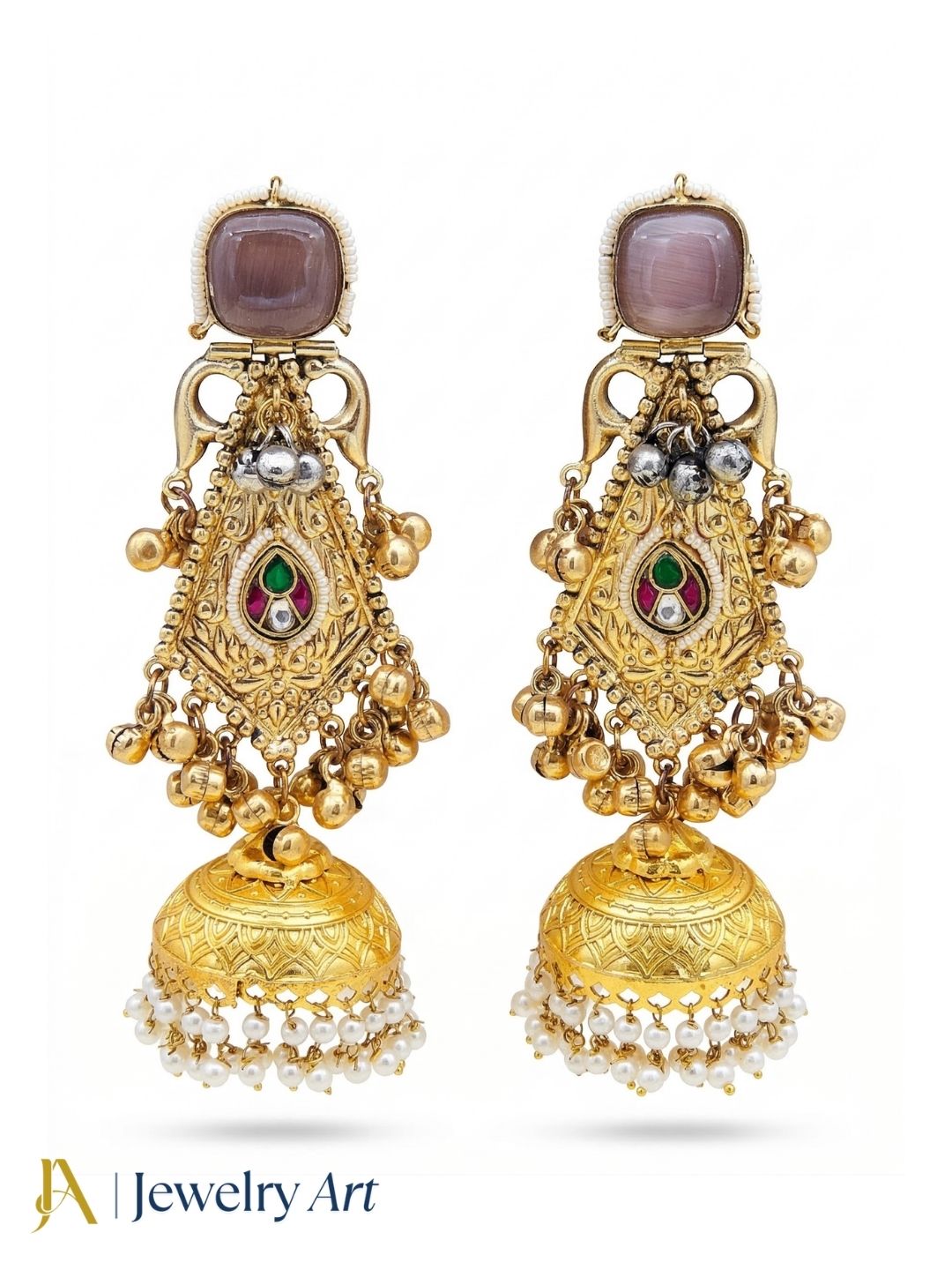 Antique gold jhumka earrings with purple monalisa stone, multi color glass stones and pearl drops

