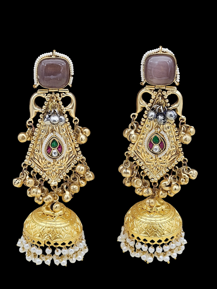 Gorgeous Antique Gold Purple Monalisa-Multi Color Glass Stone Polky-Pearl Fancy Jhumka Earrings