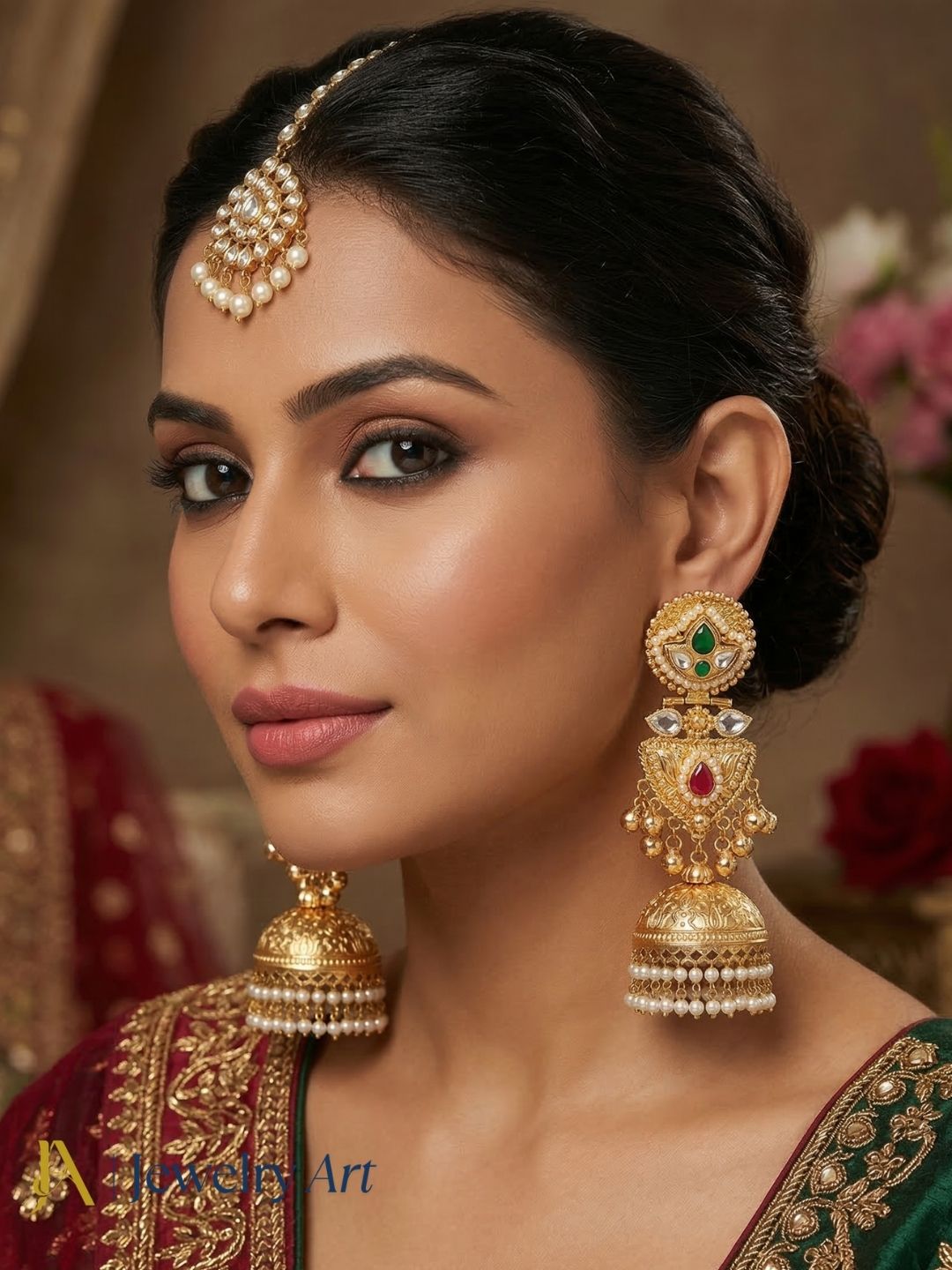 Clasic indian jhumka earrings with dual tone glass stones and pearl embellished design
