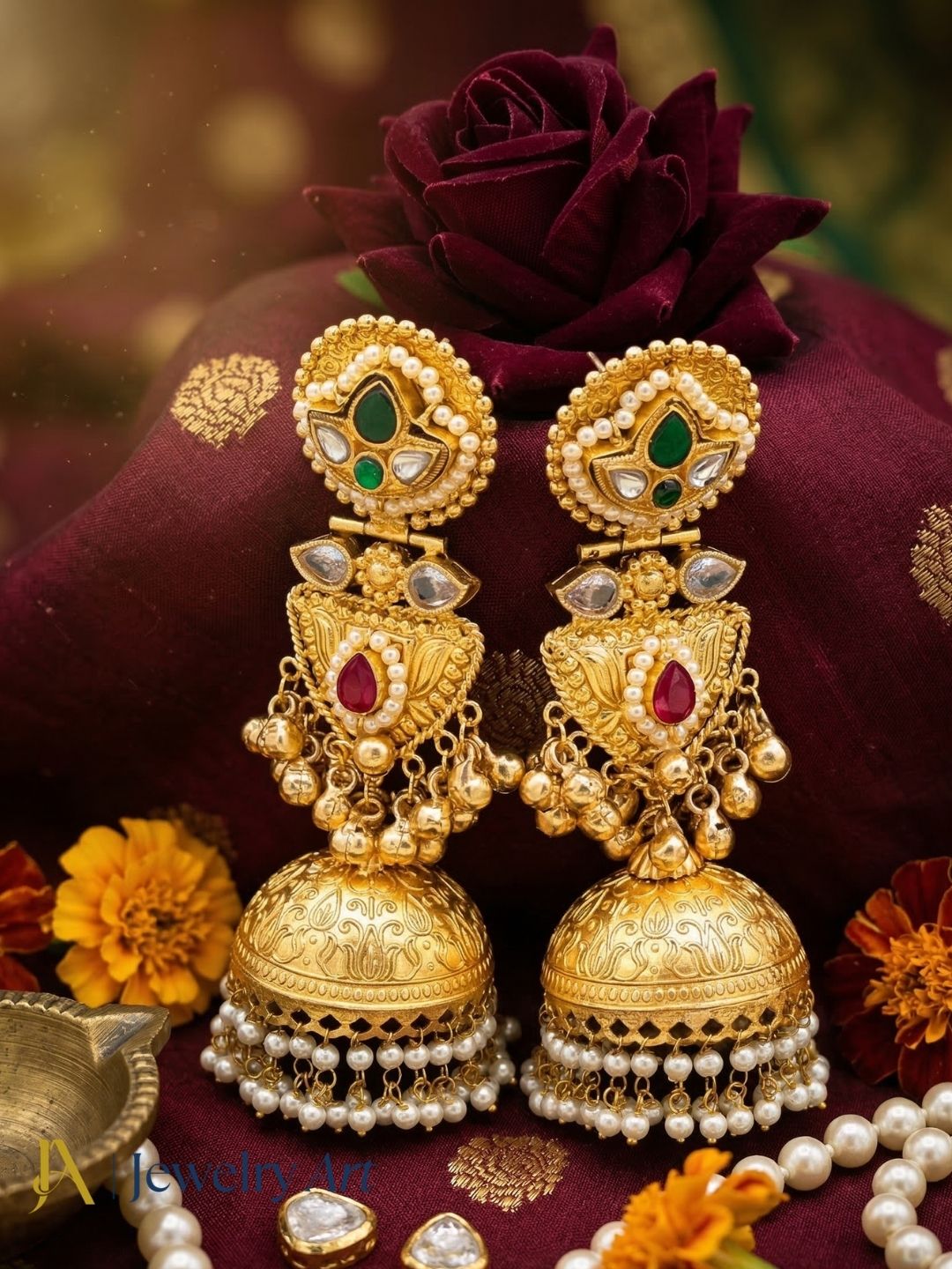 Amazing Green & Red Glass Stone-Multi Color Polky-Pearl Fancy Jhumka Earrings