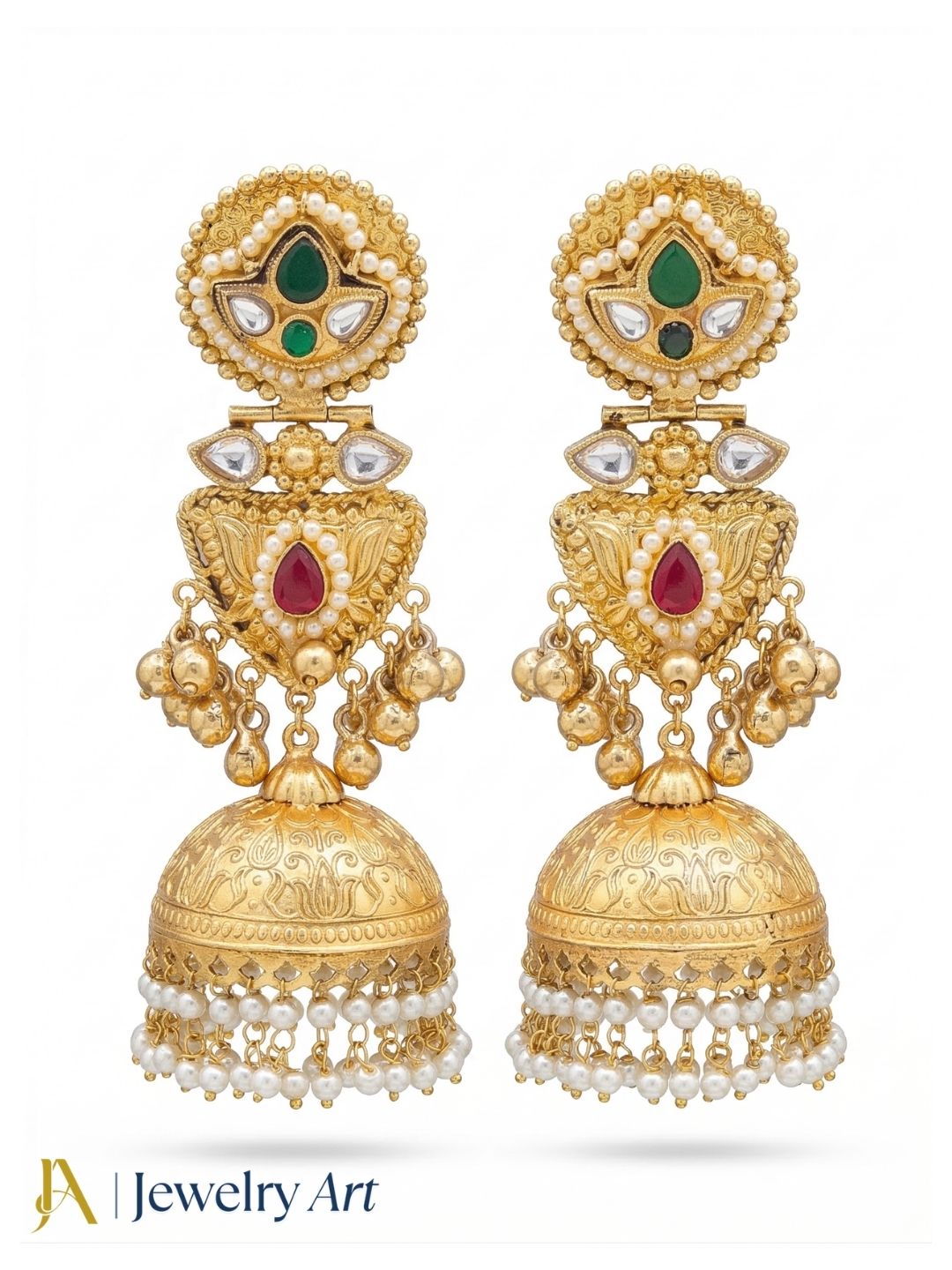Amazing Green & Red Glass Stone-Multi Color Polky-Pearl Fancy Jhumka Earrings