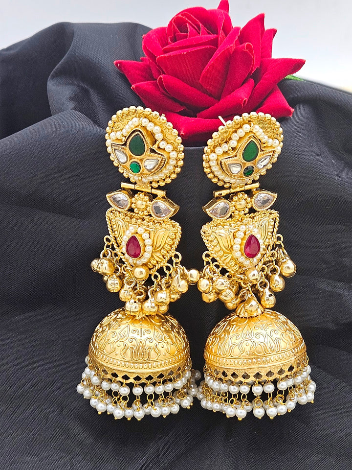 Amazing Green & Red Glass Stone-Multi Color Polky-Pearl Fancy Jhumka Earrings