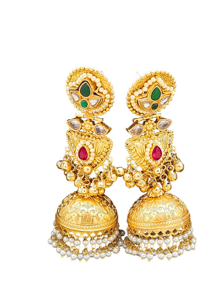 Amazing Green & Red Glass Stone-Multi Color Polky-Pearl Fancy Jhumka Earrings