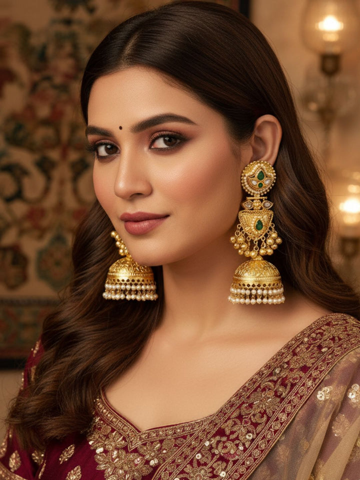 Amazing Green Glass Stone-Multi Color Polky-Pearl Fancy Jhumka Earrings