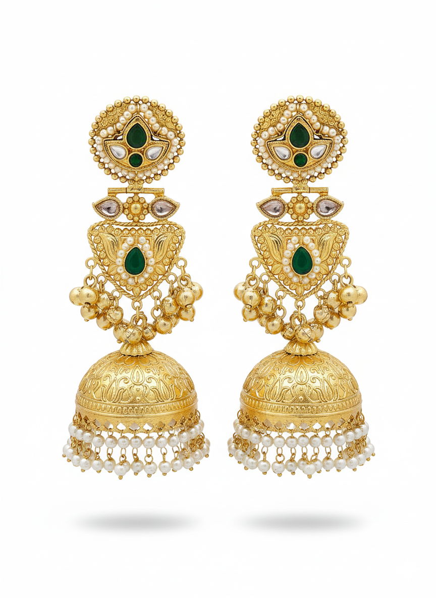 Amazing Green Glass Stone-Multi Color Polky-Pearl Fancy Jhumka Earrings