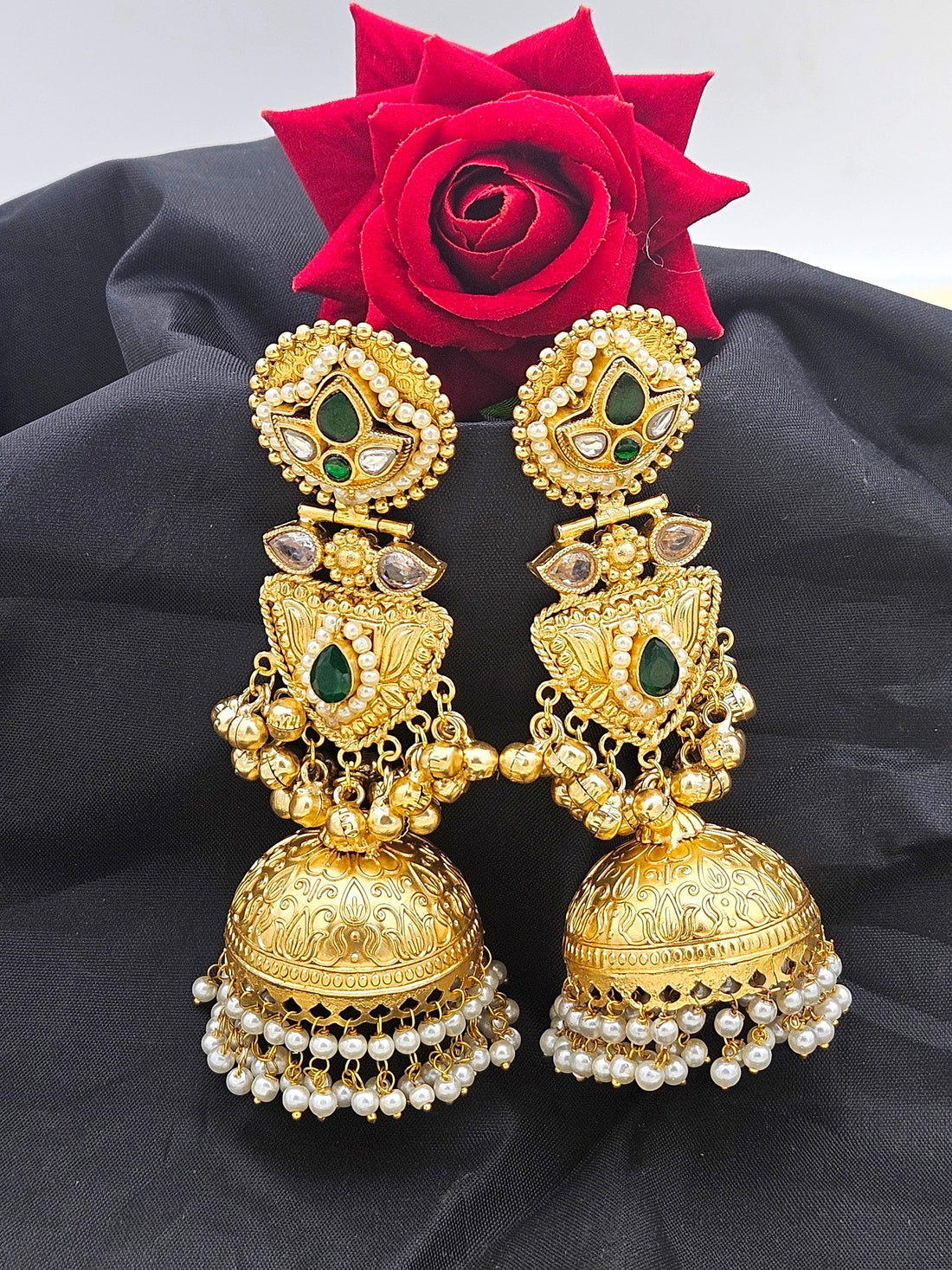Amazing Green Glass Stone-Multi Color Polky-Pearl Fancy Jhumka Earrings
