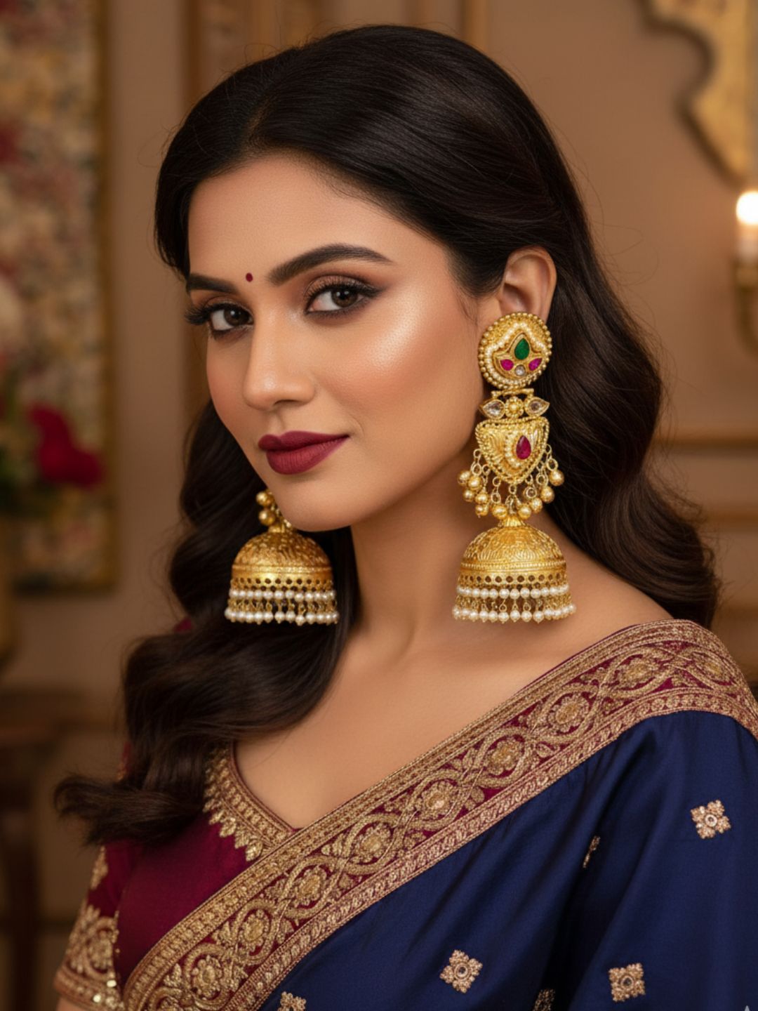 Amazing Red Glass Stone-Multi Color Polky-Pearl Fancy Jhumka Earrings