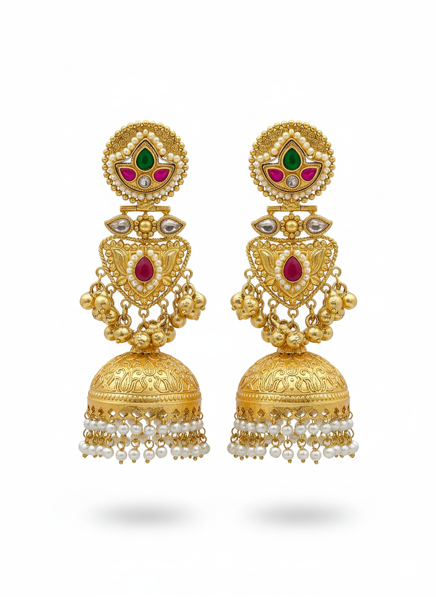 Amazing Red Glass Stone-Multi Color Polky-Pearl Fancy Jhumka Earrings