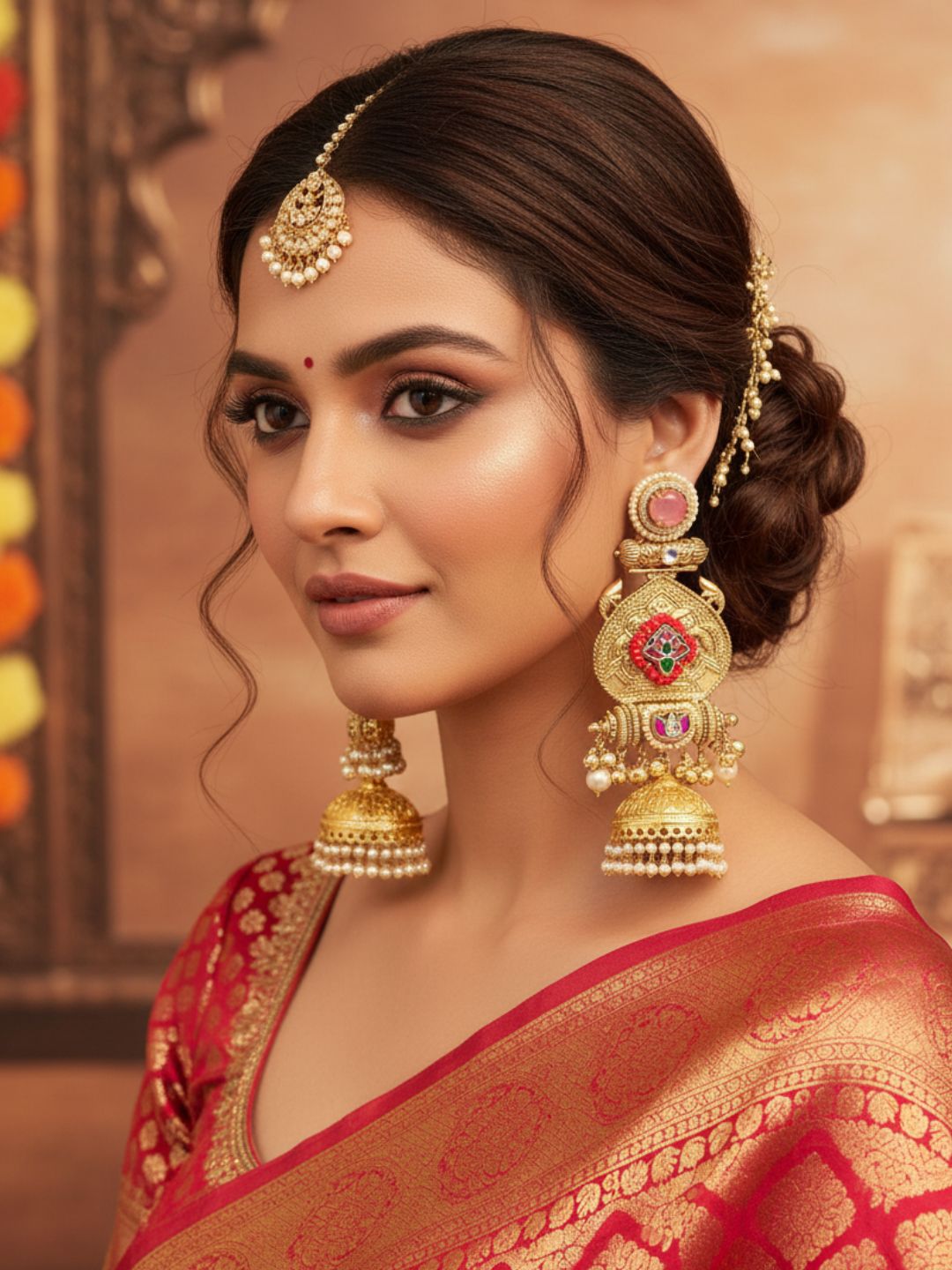 Stunning Pink Monalisa-AD-Multi Color Glass-Polky -Pearl Fancy Jhumka Earrings