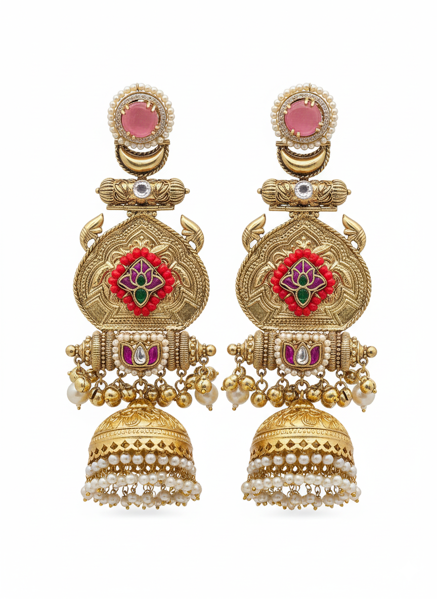 Stunning Pink Monalisa-AD-Multi Color Glass-Polky -Pearl Fancy Jhumka Earrings