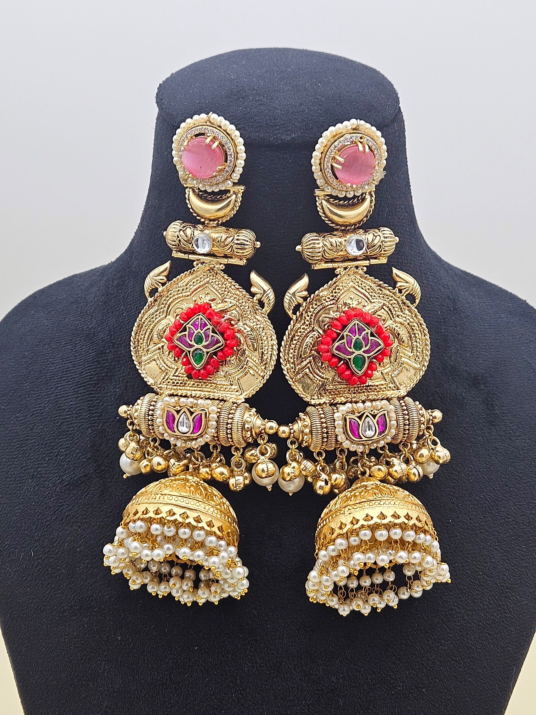 Stunning Pink Monalisa-AD-Multi Color Glass-Polky -Pearl Fancy Jhumka Earrings