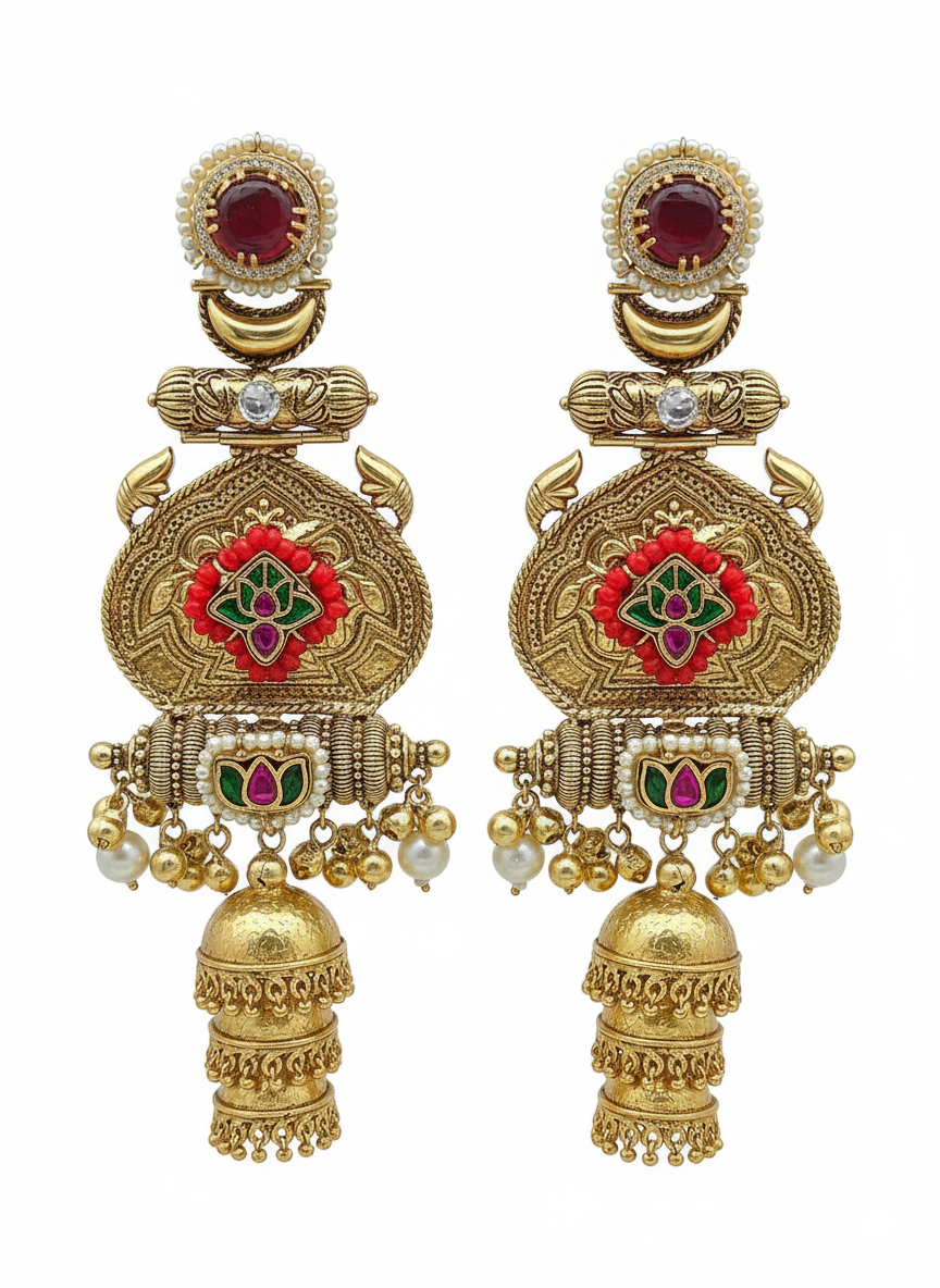 Stunning Red Monalisa-AD-Multi Color Glass-Polky -Pearl Fancy Jhumka Earrings