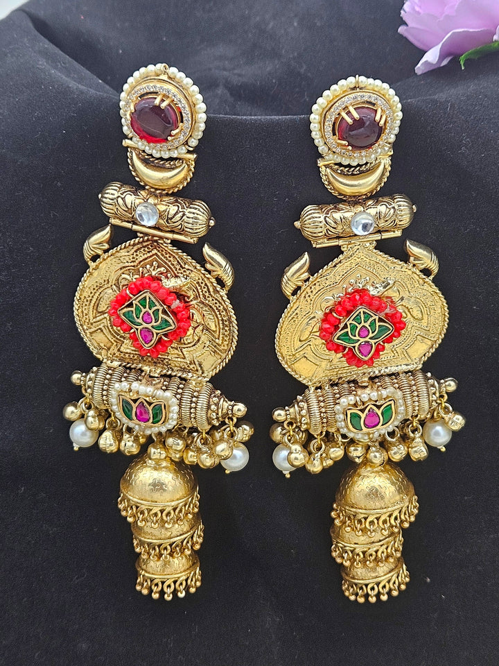 Stunning Red Monalisa-AD-Multi Color Glass-Polky -Pearl Fancy Jhumka Earrings