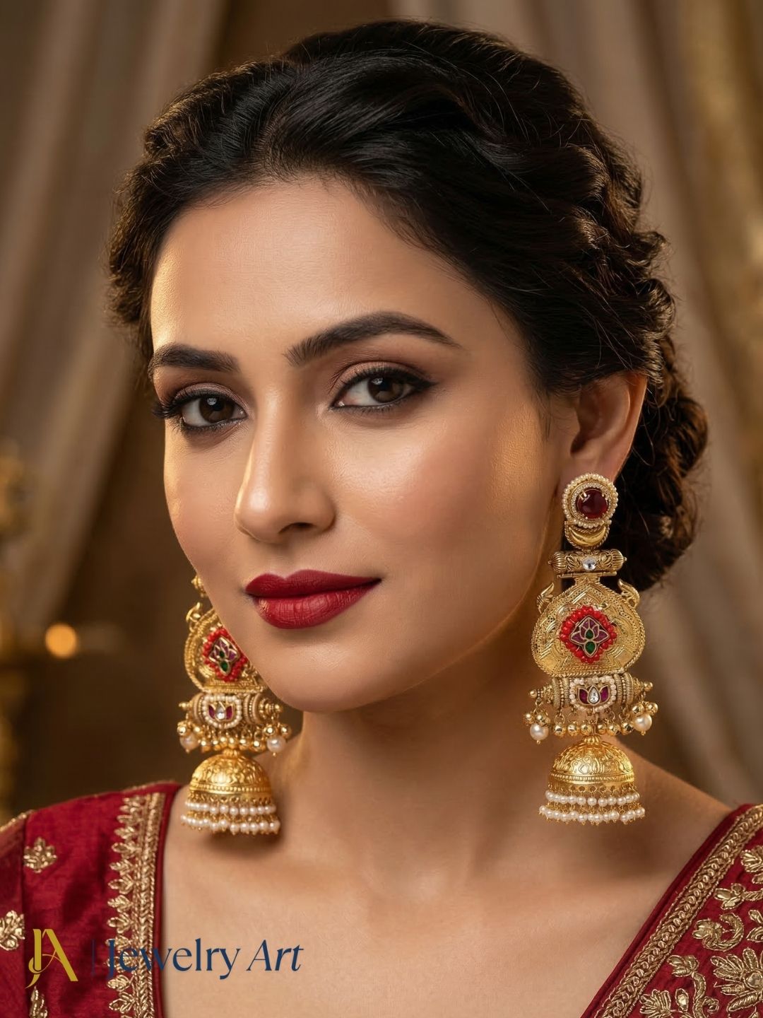 Traditional jumka earrings with red glass , polky work ,small multicolor stones and pearl hanging

