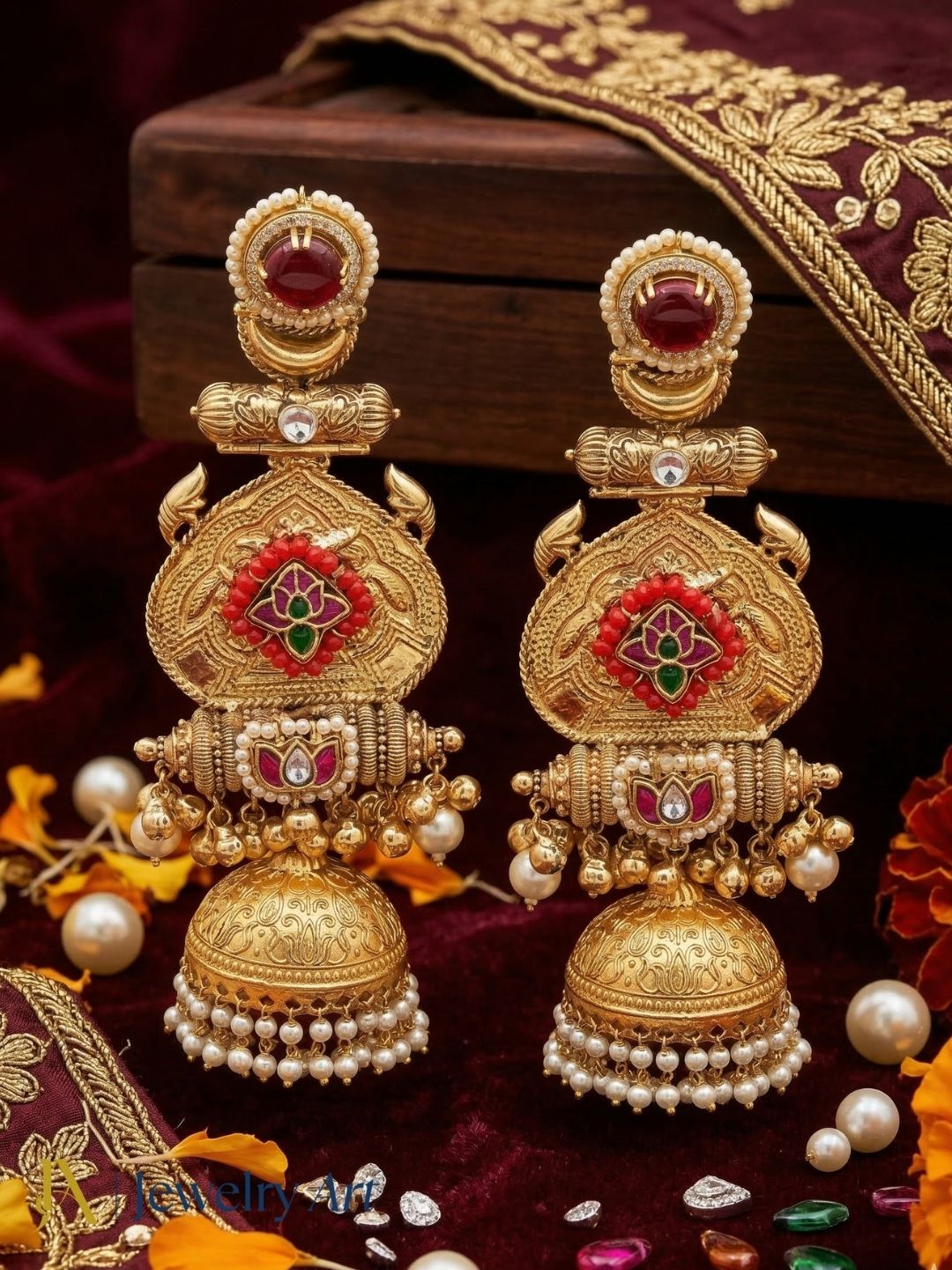 Stunning Red Glass-AD- Multi Color Small Glass Stones-Polky -Pearl Fancy Jhumka Earrings