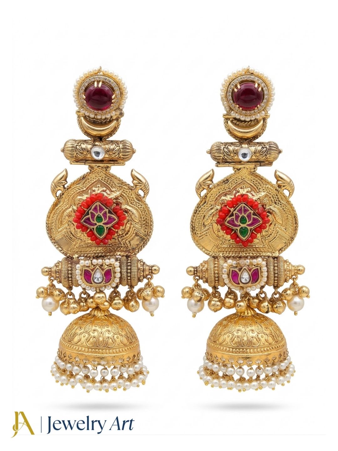 Stunning Red Glass-AD- Multi Color Small Glass Stones-Polky -Pearl Fancy Jhumka Earrings