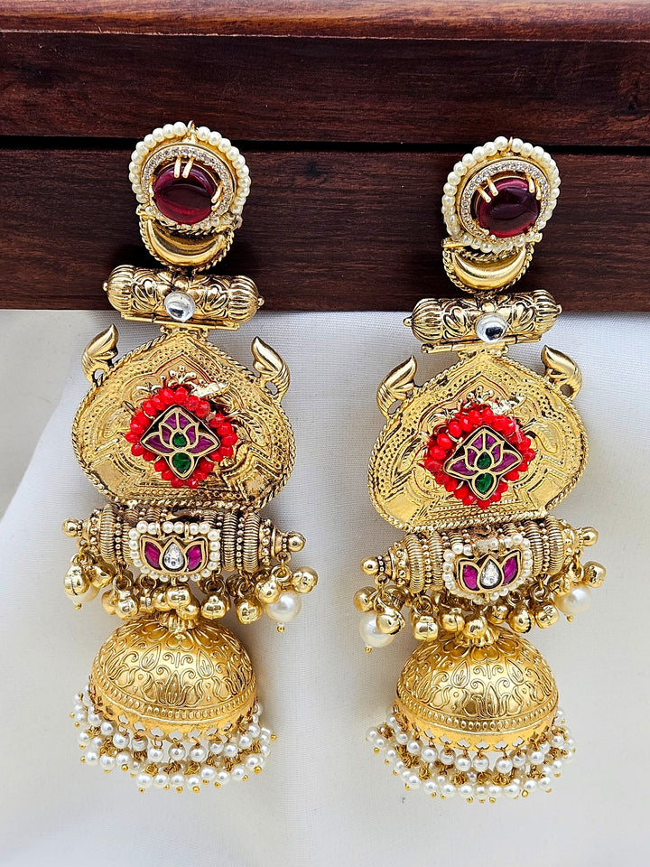 Stunning Red Glass-AD- Multi Color Small Glass Stones-Polky -Pearl Fancy Jhumka Earrings