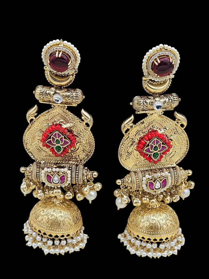 Stunning Red Glass-AD- Multi Color Small Glass Stones-Polky -Pearl Fancy Jhumka Earrings