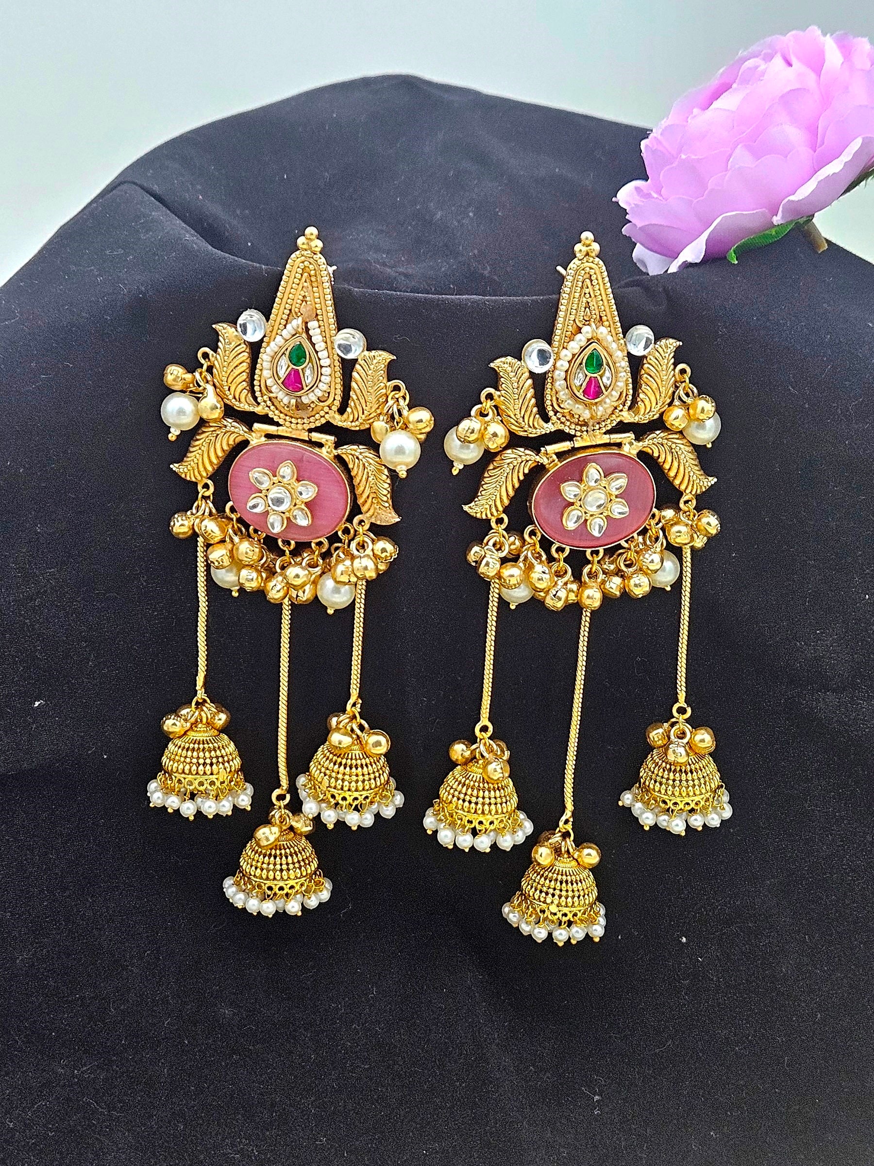 Gorgeous Pink Monalisa Synthetic Polky-Pearl Fancy Long Jhumka Earring