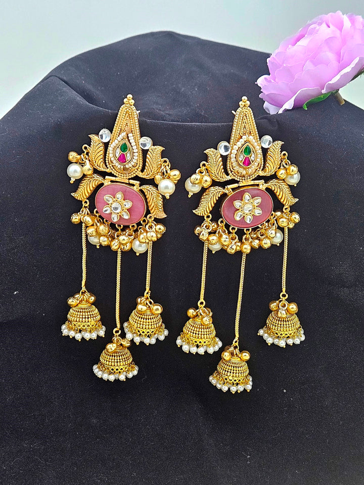 Gorgeous Pink Monalisa Synthetic Polky-Pearl Fancy Long Jhumka Earring