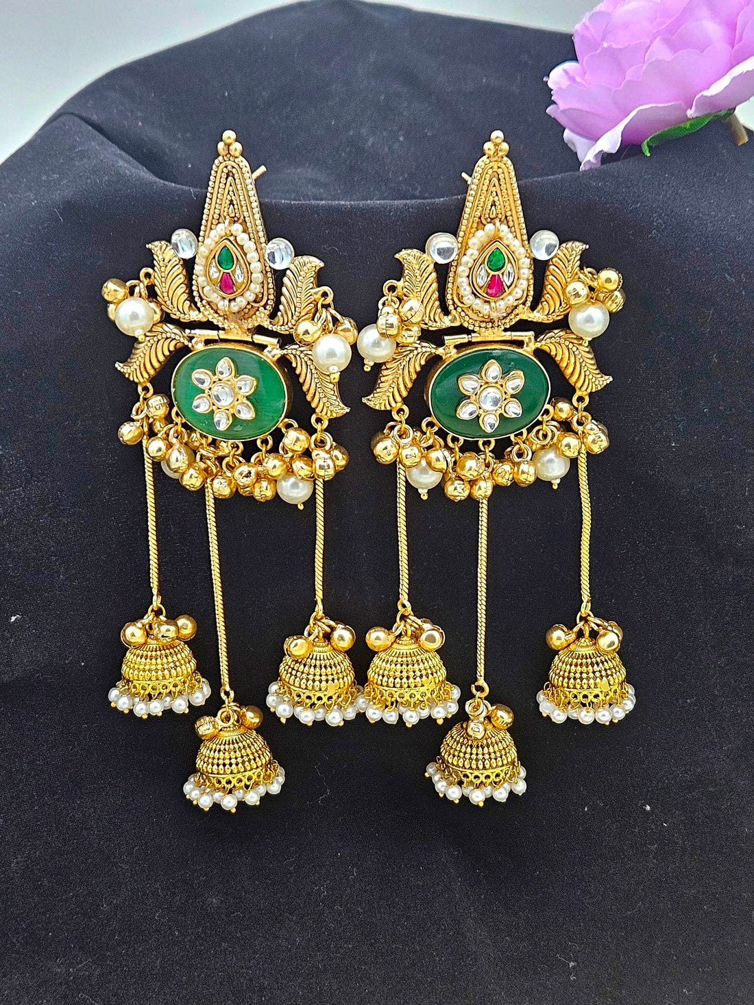 Gorgeous Antique Gold plated Green Monalisa-Synthetic Polky-Pearl Fancy Long Jhumka Earrings