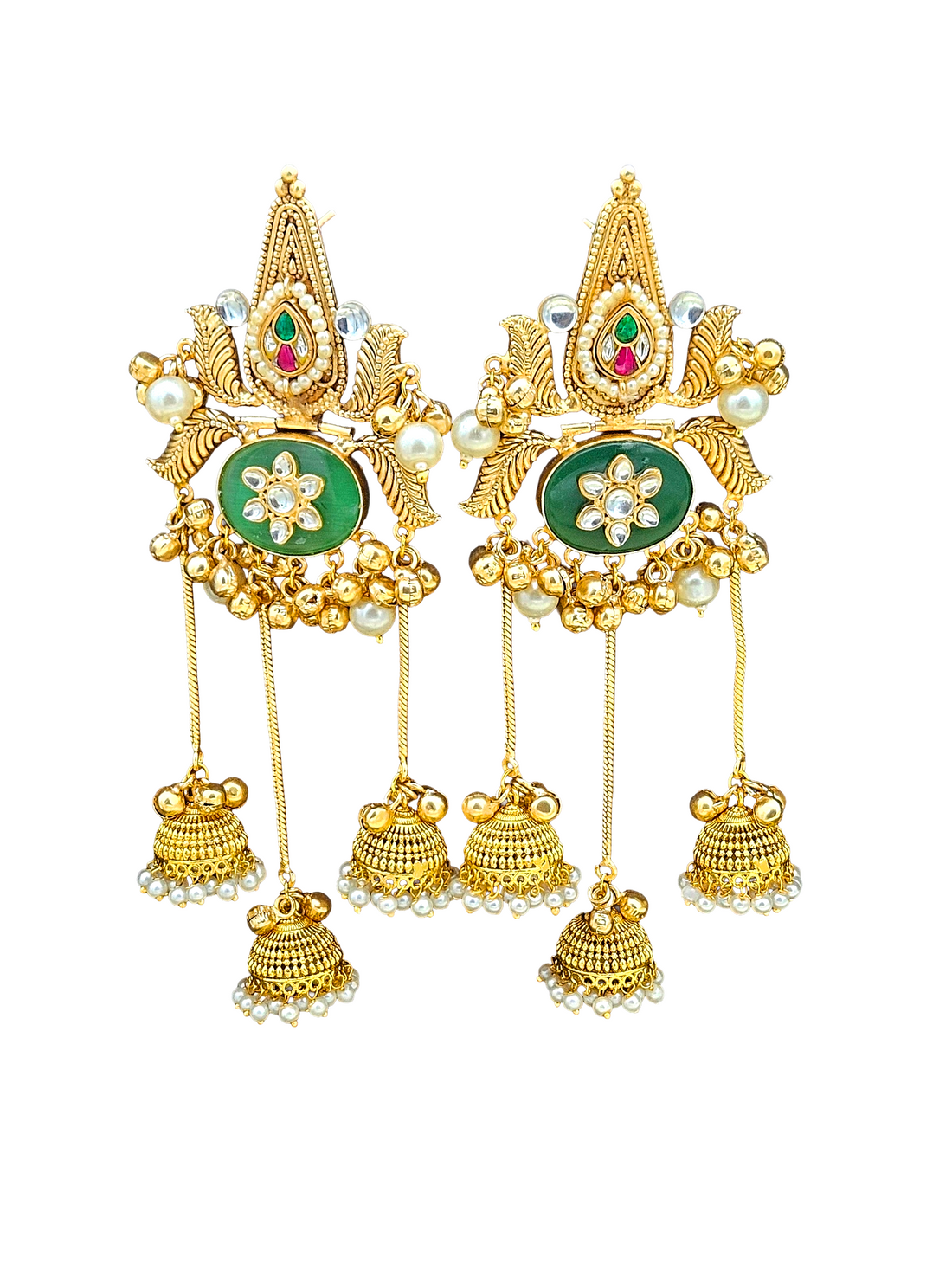 Gorgeous Antique Gold plated Green Monalisa-Synthetic Polky-Pearl Fancy Long Jhumka Earrings