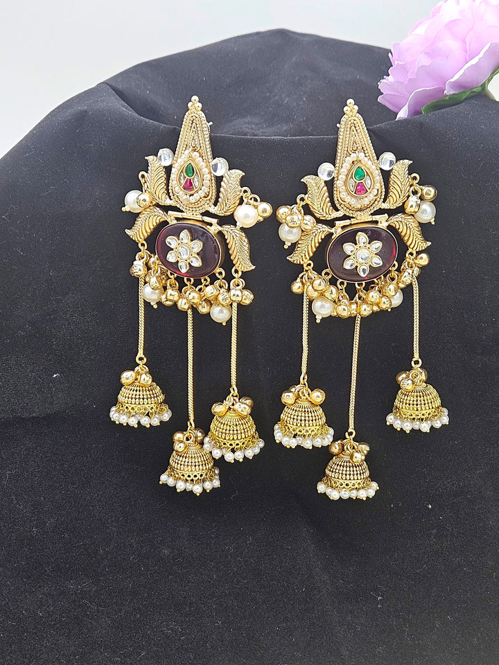 Gorgeous Antique Gold plated Red Monalisa-Synthetic Polky-Pearl Fancy Long Jhumka Earrings