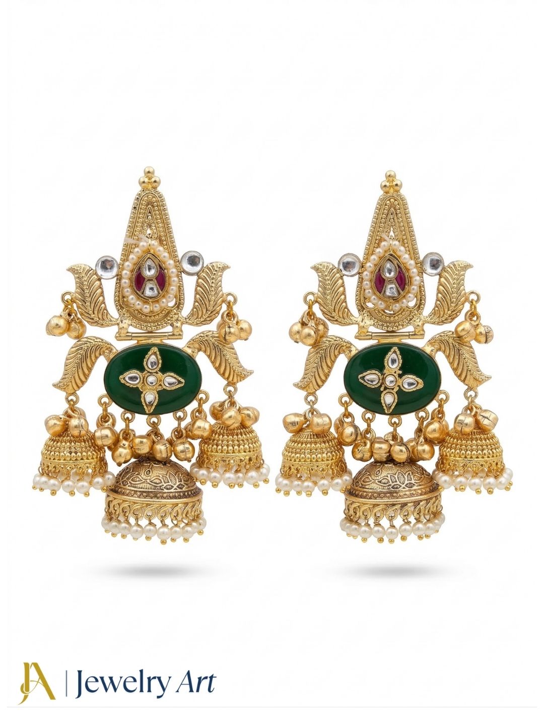 Designer long jhumka earrings with green glass , polky accents and pearl drop design
