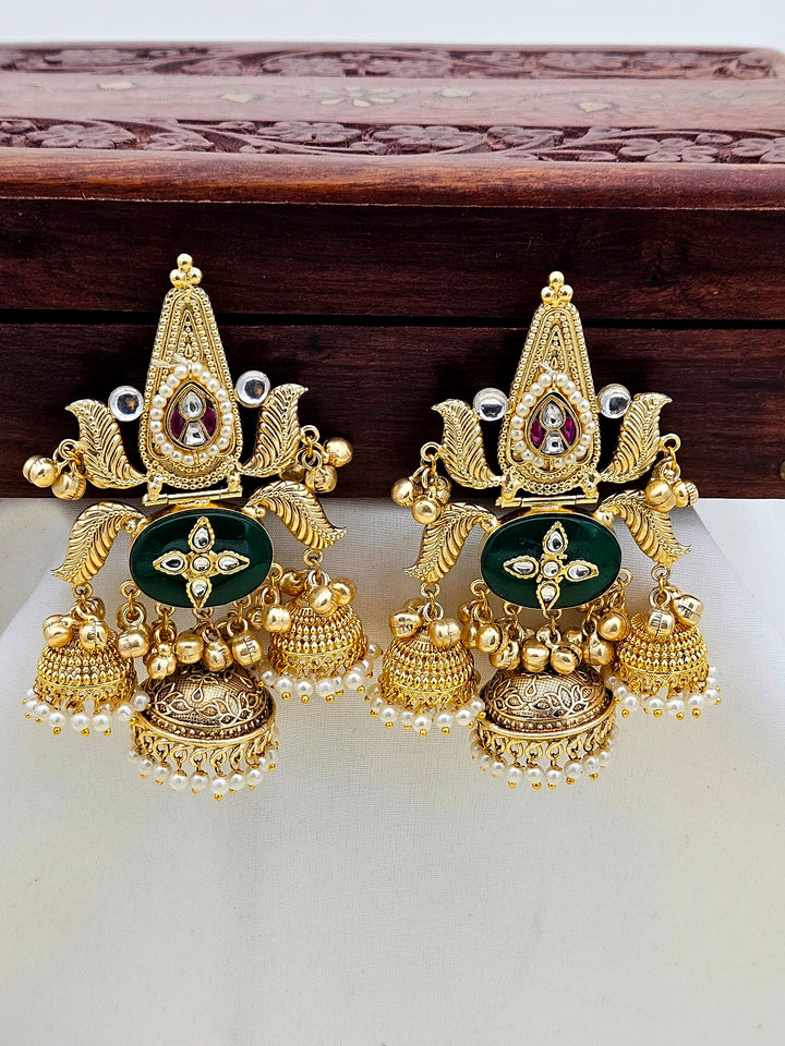 Gorgeous Antique Gold plated Green Glass -Synthetic Polky-Pearl Fancy Long Jhumka Earrings