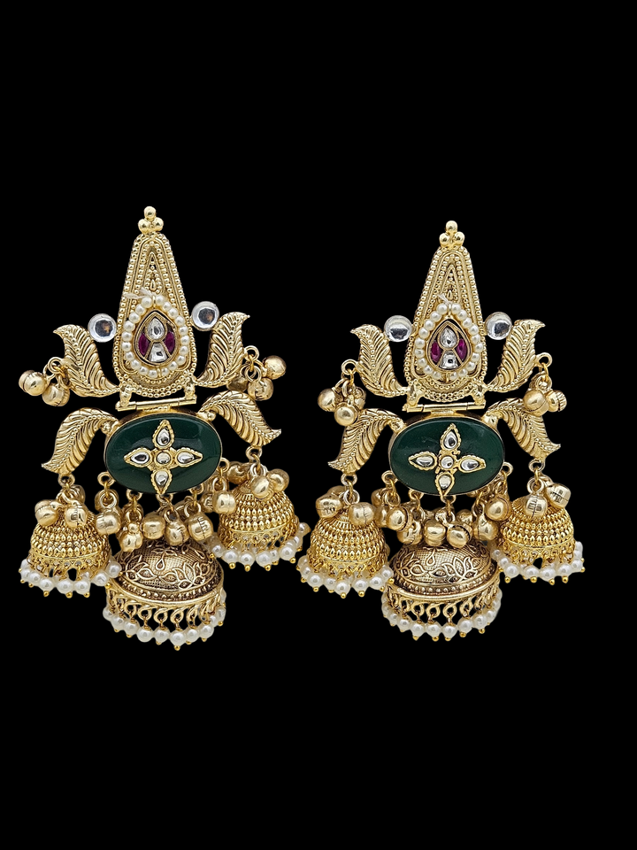Gorgeous Antique Gold plated Green Glass -Synthetic Polky-Pearl Fancy Long Jhumka Earrings
