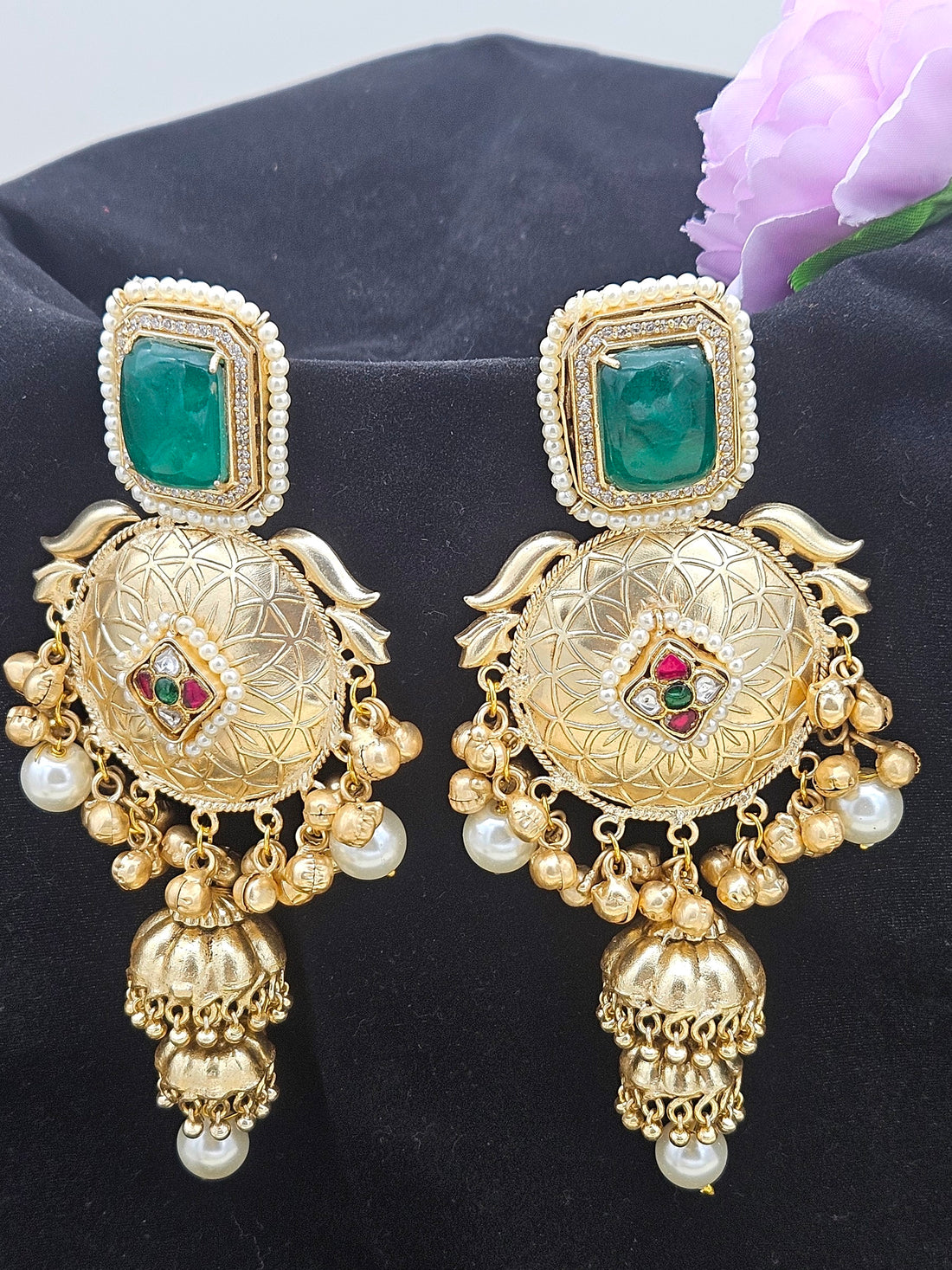 Elegant Antique Gold plated Green Doublet-AD- Multi color Glass stone Polky-Pearl Fancy Jhumka Earrings
